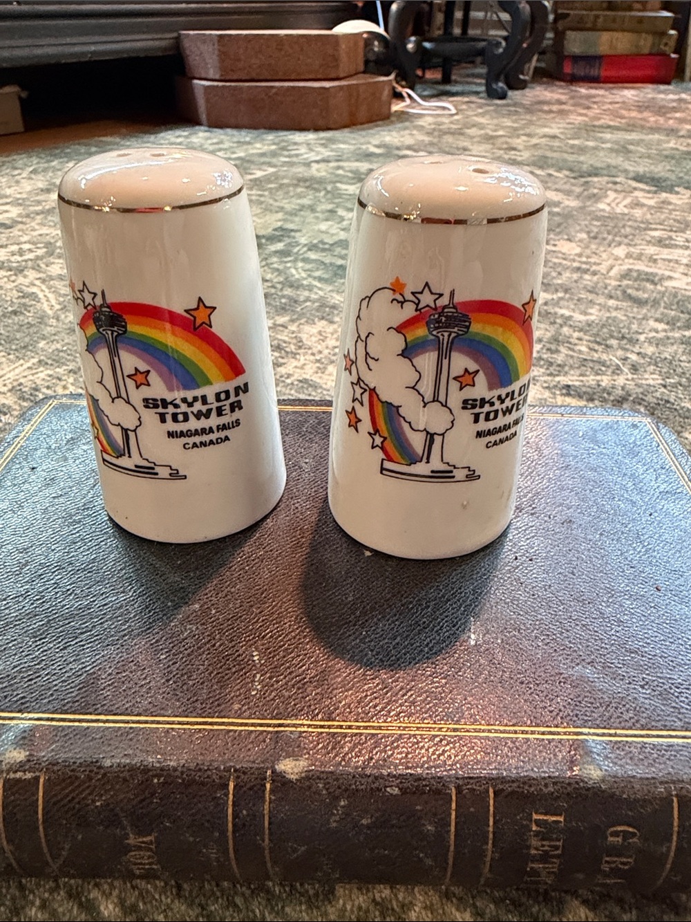 Skylon Tower Rainbow Ceramic Salt & Pepper Shakers - White